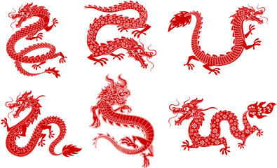 Happy Chinese New Year 2024 Year Of The Dragon Zodiac. Vector Hand Drawn Collection Set Isolated On Transparent Background
