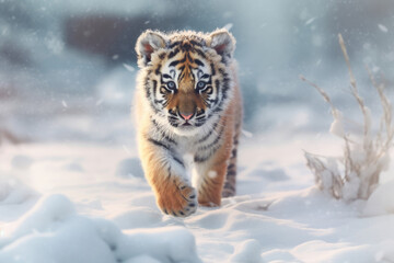 Obraz premium Young Tiger Cub Prowling in Snow