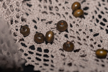 wooden beads n lace openwork, hobby and creativit. - obrazy, fototapety, plakaty
