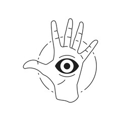 Y2k sacred mythology spiritual hand with eye monochrome line retro groovy icon vector