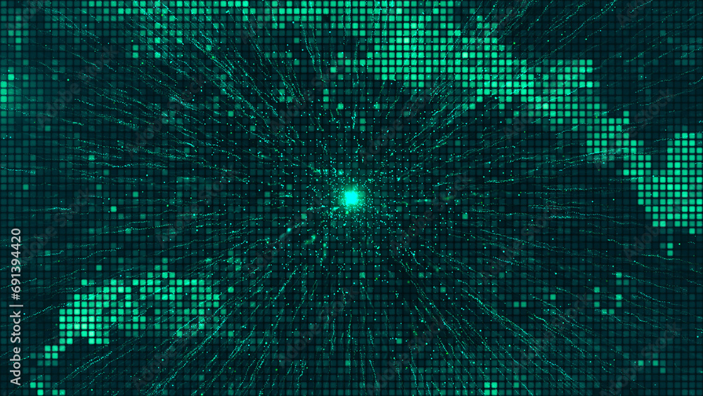 Poster turquoise mosaic background in technology concept. abstract green led squares. technology digital sq