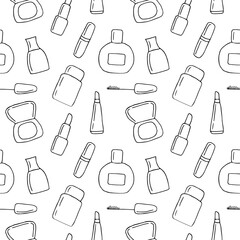 Makeup products seamless pattern, vector illustration hand drawing