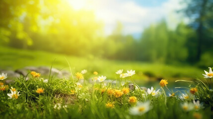 A beautiful spring summer meadow. Natural colorful panoramic landscape with many wild flowers of daisies against blue sky. A frame with soft selective focus. - 691394639