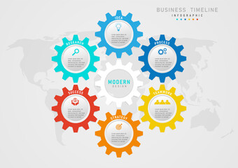 Infographic 6 steps to business planning to success Multi-colored hexagons with buttons in the middle of the letters and colored icons above. White hexagon in the center of the map below.