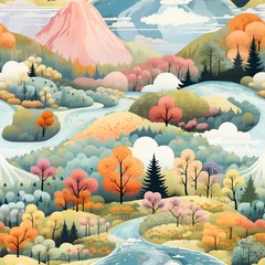 Badezimmer Foto Rückwand Mountains, forest, and field. Seamless pattern in the form of a watercolor landscape stylized as a children's theme. For printing packaging, wallpaper, fabric, paper, invitations, and website design. © Katsiaryna