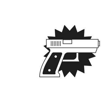 Y2k gun handgun with shooting boom cloud pop art monochrome line retro groovy icon vector