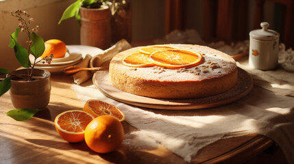 A sweet little upside-down Orange cake dessert. Baked twice and still turned out delicious. garnished with rosemary and fresh tangerine and oranges