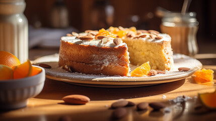 A sweet little upside-down Orange cake dessert. Baked twice and still turned out delicious. garnished with rosemary and fresh tangerine and oranges