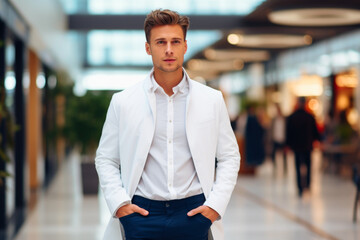 Confident man in a white blazer at a mall. The concept explores modern male fashion in urban life. - obrazy, fototapety, plakaty