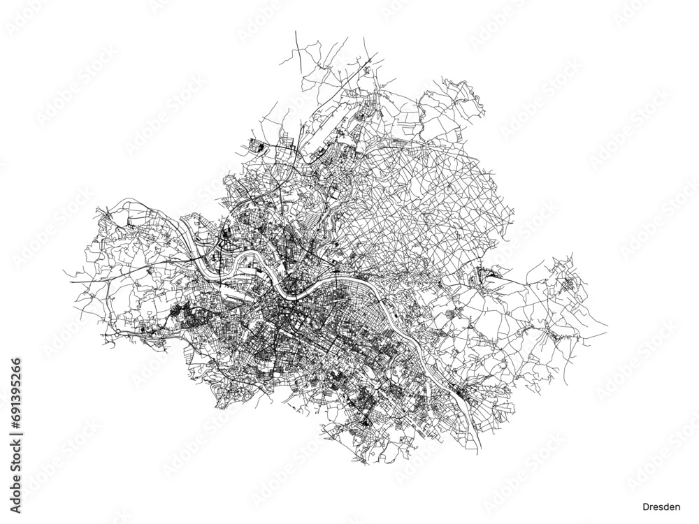 Wall mural dresden city map with roads and streets, germany. black and white. vector outline illustration.