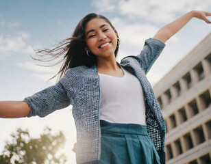 girl dancing on the street on vacation, plenitude concept