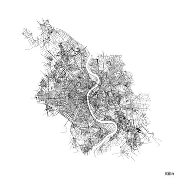 recommend clip art: Cologne city map with roads and streets, Germany. Black and white. Vector outline illustration.