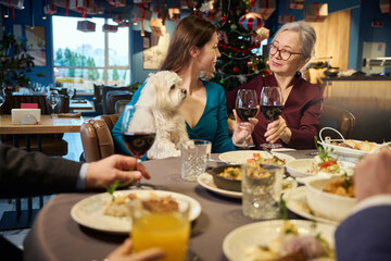 Smiling women with glasses in hands drinking wine celebrating winter holidays