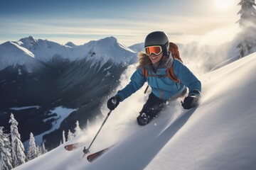 Fototapeta na wymiar A woman skiing gracefully down a snow-covered mountain slope