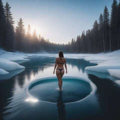 young woman hardening the body cold water therapy girl in bikini plunges into  icy water in frozen