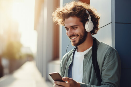 Young man enjoys music on headphones with smartphone. The concept depicts modern leisure technology in use.