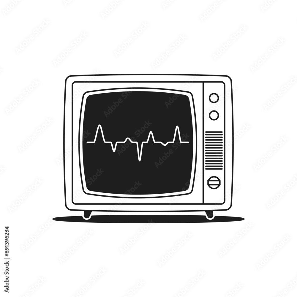 Poster Y2k retro tv set broken wave cable channel broadcasting monochrome line groovy icon vector