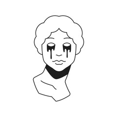 Y2k psychedelic crying woman statue bust with tears monochrome line retro groovy icon vector