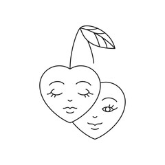 Y2k comic cherry berry heart shape smile and sad cartoon monochrome line retro groovy icon vector