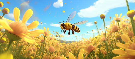 Bees pollinate food crops cute 3d anime style. bee sunflower - obrazy, fototapety, plakaty