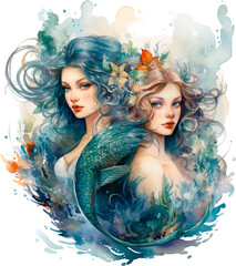 Mermaids under the ocean colored watercolor illustration isolated on white background