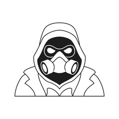 Y2k scary man in hood and respirator mask Halloween monochrome line retro groovy icon vector