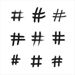 Hashtag icon set - hand painted signs. Vector symbols.
