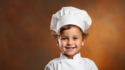 young kid dressed as a chef with a white chefs hat on a plain studio background