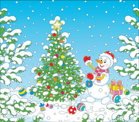 Funny snowman decorating a green Christmas tree with colorful holiday toys, balls, garlands and sweets, vector cartoon illustration