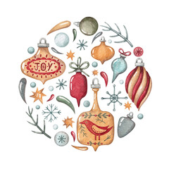 A composition with Christmas tree toys, stars and snowflakes in a circle. Watercolor illustration. Holiday. New Year and Christmas. Winter. Season. Decorating. A postcard and a card. Art. Design. 