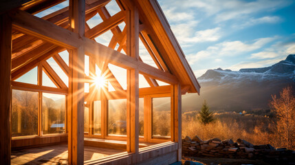 Wooden frame house under construction near mountains. Idea of contemporary ecological construction.