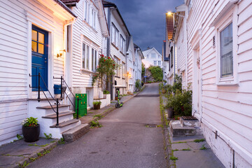 Night view of wooden Old Town in Stavanger, Norway