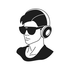 Y2k modern man in headphones cyber gaming music listening monochrome line retro groovy icon vector