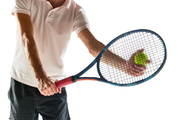 Cropped image of man, tennis player in sportswear holing racket and ball isolated over white background. Equipment. Concept of sport, hobby, active and healthy lifestyle, competition