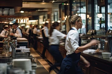 Deurstickers waiters and motion chefs of a restaurant kitchen © KirKam
