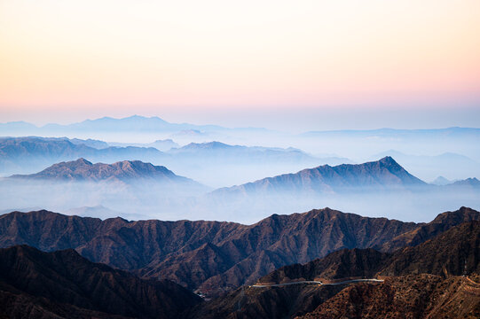 Picturesque landscape of the Asir Mountains at sunrise, Saudi Arabia.