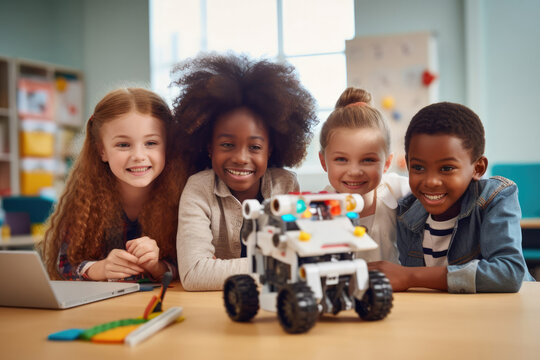 Multiethnic group of students studying in school classroom. Kids learning technology basic. Robotic lesson for children. Educational concept for multi racial children