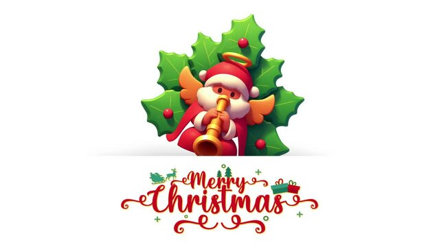 Christmas wishes and greeting video with cute cartoon Santa and holly leaves pop up animation