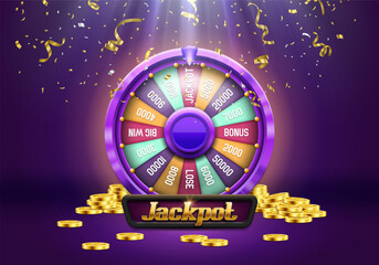 Wheel of fortune. Spinning lucky roulette with confettii and coins on a bright glowing background. Vector illustration. - obrazy, fototapety, plakaty