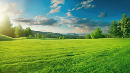 Fototapeta premium Beautiful blurred background image of spring nature with a neatly trimmed lawn surrounded by trees against a blue sky with clouds on a bright sunny day.
