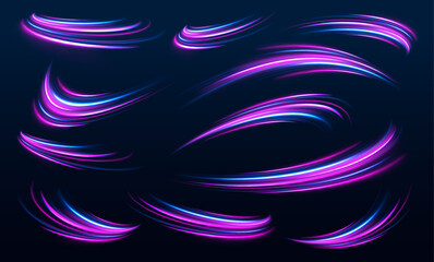 Speed line with sports cars. Long exposure of motorways as speed. Neon spiral lines in yellow blue and purple colors. Technology stream design illustration.	