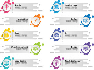 Infographics with Creative Package theme icons, 10 steps. Such as studio, inspiration, test, web development and more.