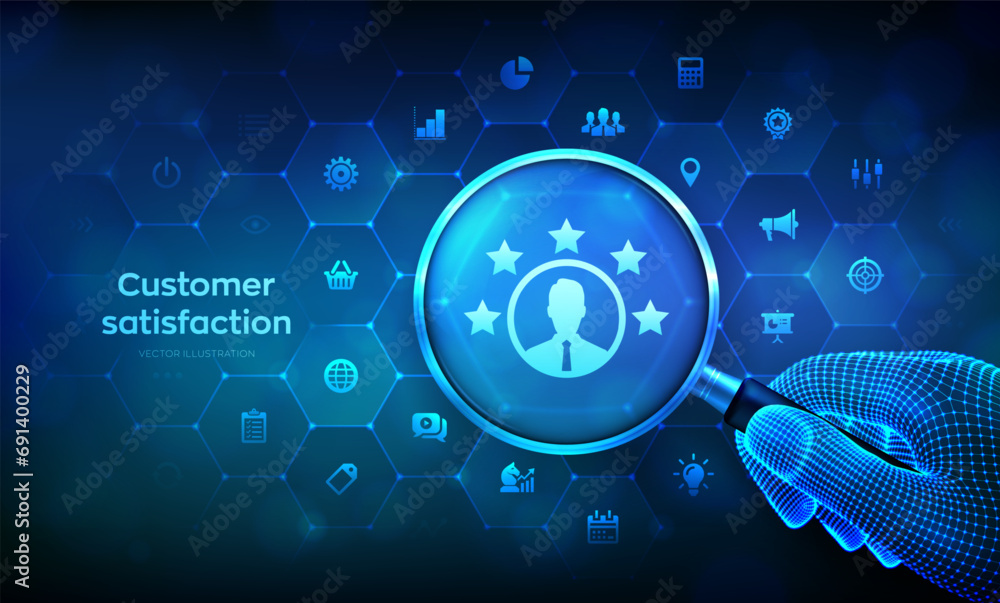 Poster customer satisfaction. customer survey, feedback analytics concept with magnifier in wireframe hand 