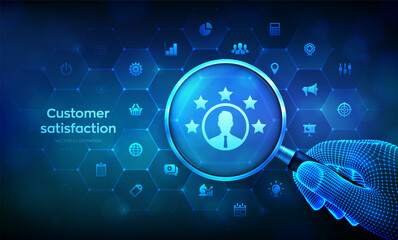 Customer satisfaction. Customer survey, feedback analytics concept with magnifier in wireframe hand and icons. Using AI and automation technology in marketing for customer service. Vector illustration