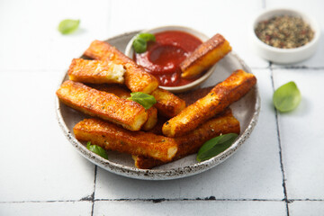 Traditional roasted halloumi cheese with tomato sauce