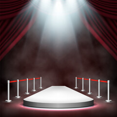 Podium with curtain and barrier fence illuminated by spotlights. Empty pedestal for award ceremony with smoke. Vector illustration. 