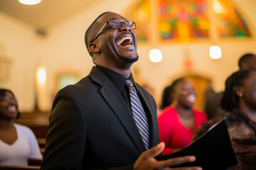 Afro american man singing in the church. Gospel singer singing. Joyful devotion, faith and belief in God religion concept. - obrazy, fototapety, plakaty