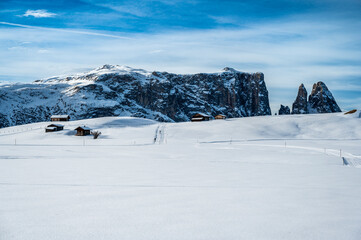 The largest high altitude plateau in Europe in winter. Snow and winter atmosphere on the Alpe di Siusi. Dolomites.