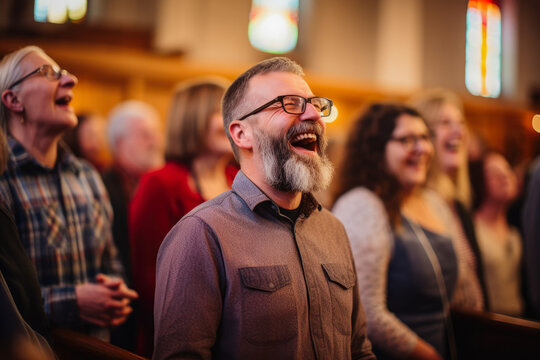 Caucasian man singing in the church. Gospel singer singing. Joyful devotion, faith and belief in God religion concept.