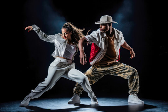 Adult male and female hip-hop couples dancing at practice, smiling being happy. Youth culture, movement, style and fashion, action, breakdance. - Powered by Adobe
